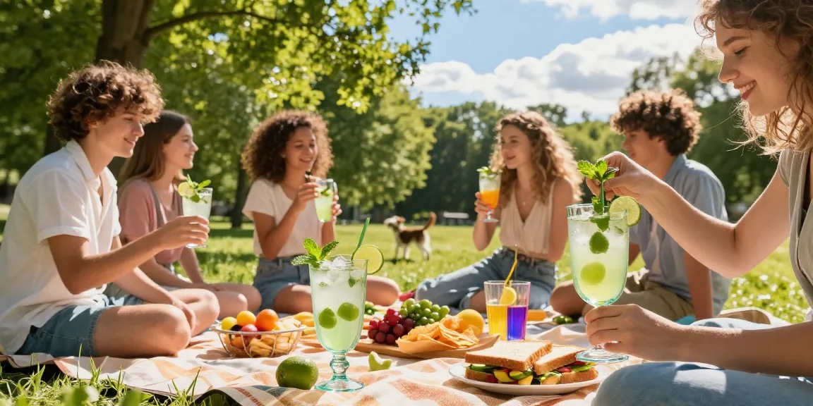 Group of friends enjoying Lime Ricky drinks during a summer picnic.