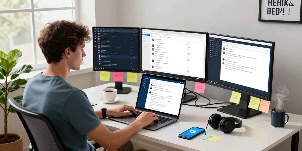 Person utilizing Telegram Web Version on laptop in modern workspace with multiple monitors and natural lighting.