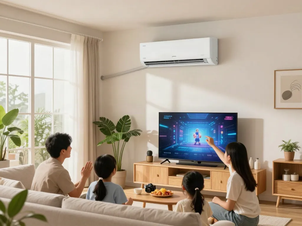 Ductless air conditioner in a cozy living room setting with a family game night, showcasing comfort and style.