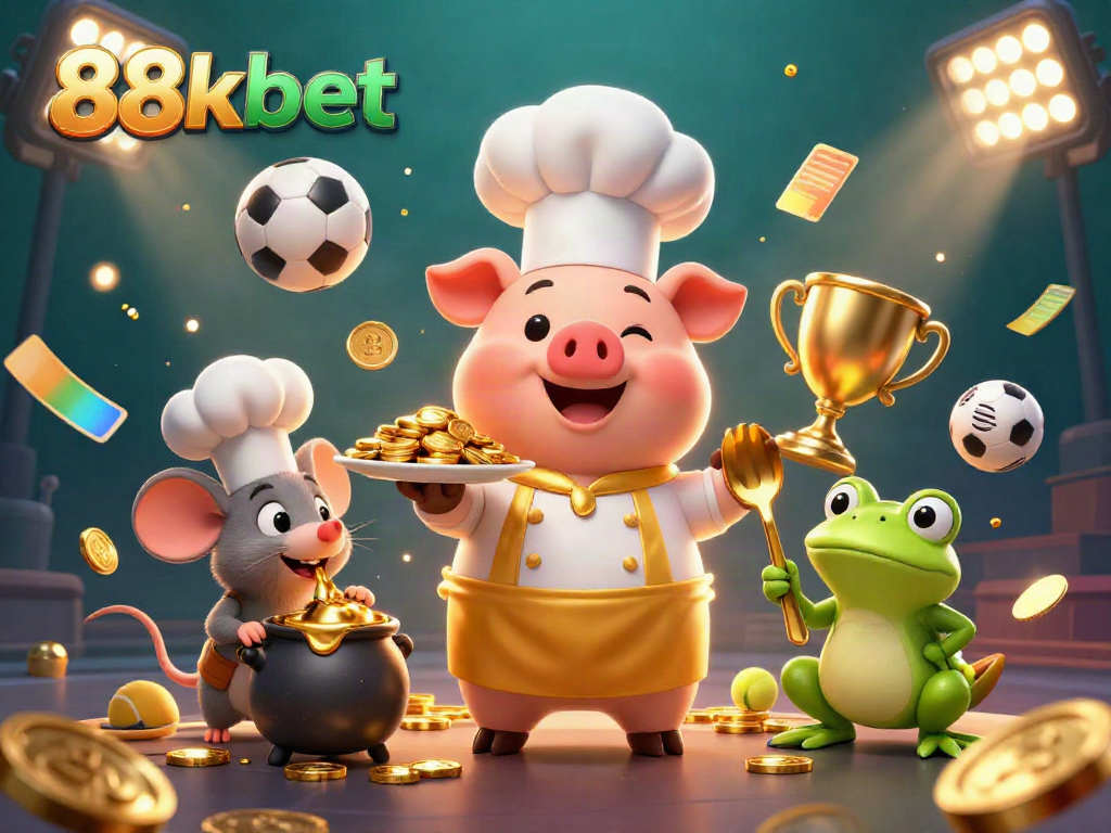 Experience exciting gaming at 88kbet with a vibrant scene of animated characters serving gold coins in a casino-like atmosphere.