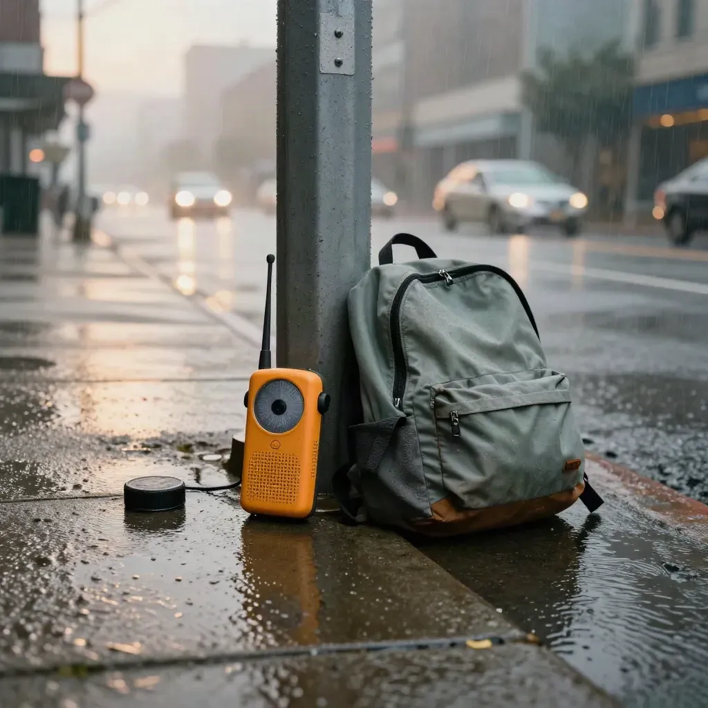 Wet curb scene with a weather radio, transit post, backpack, and hockey puck at dawn.