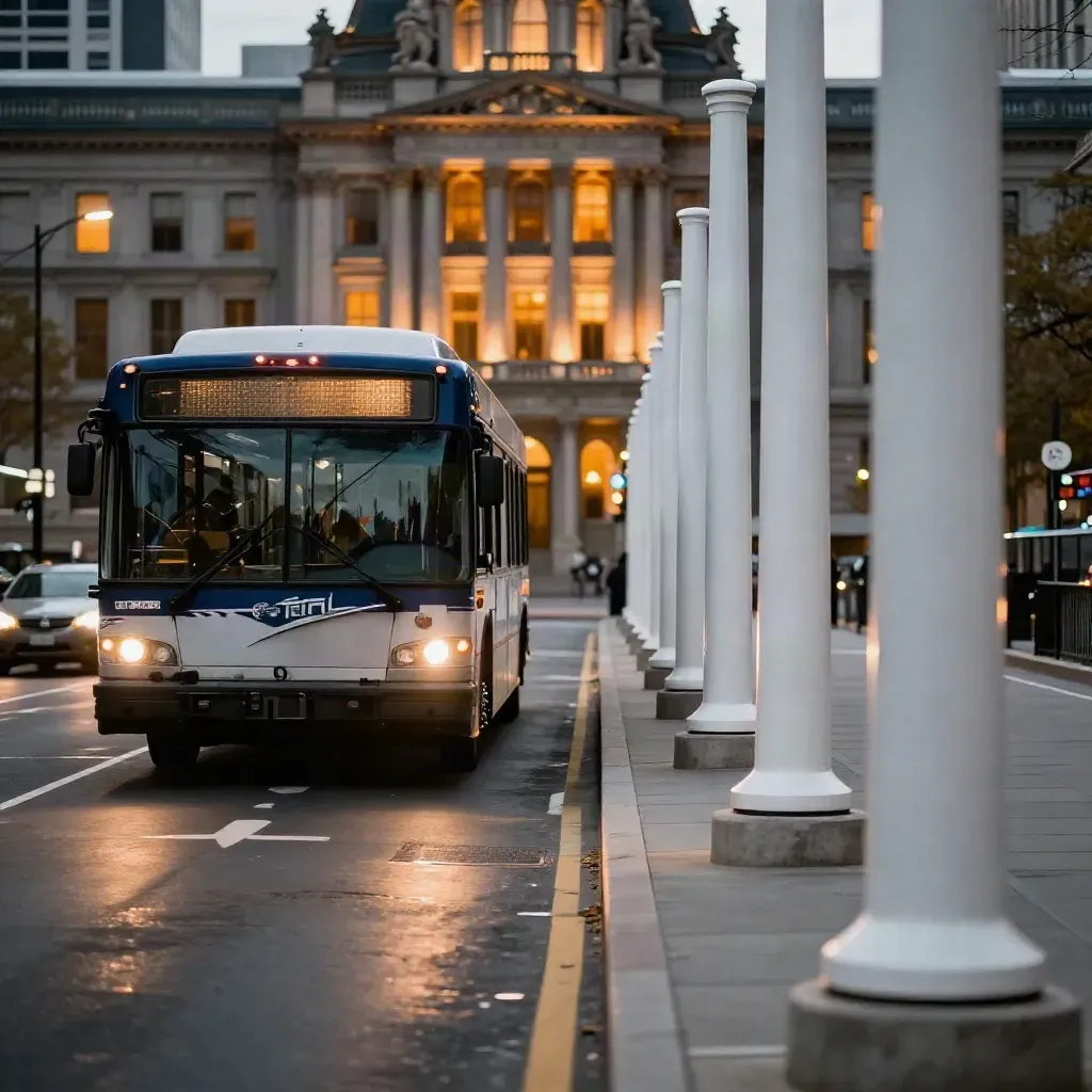 Parked bus by empty lane pylons outside lit city hall at dusk.