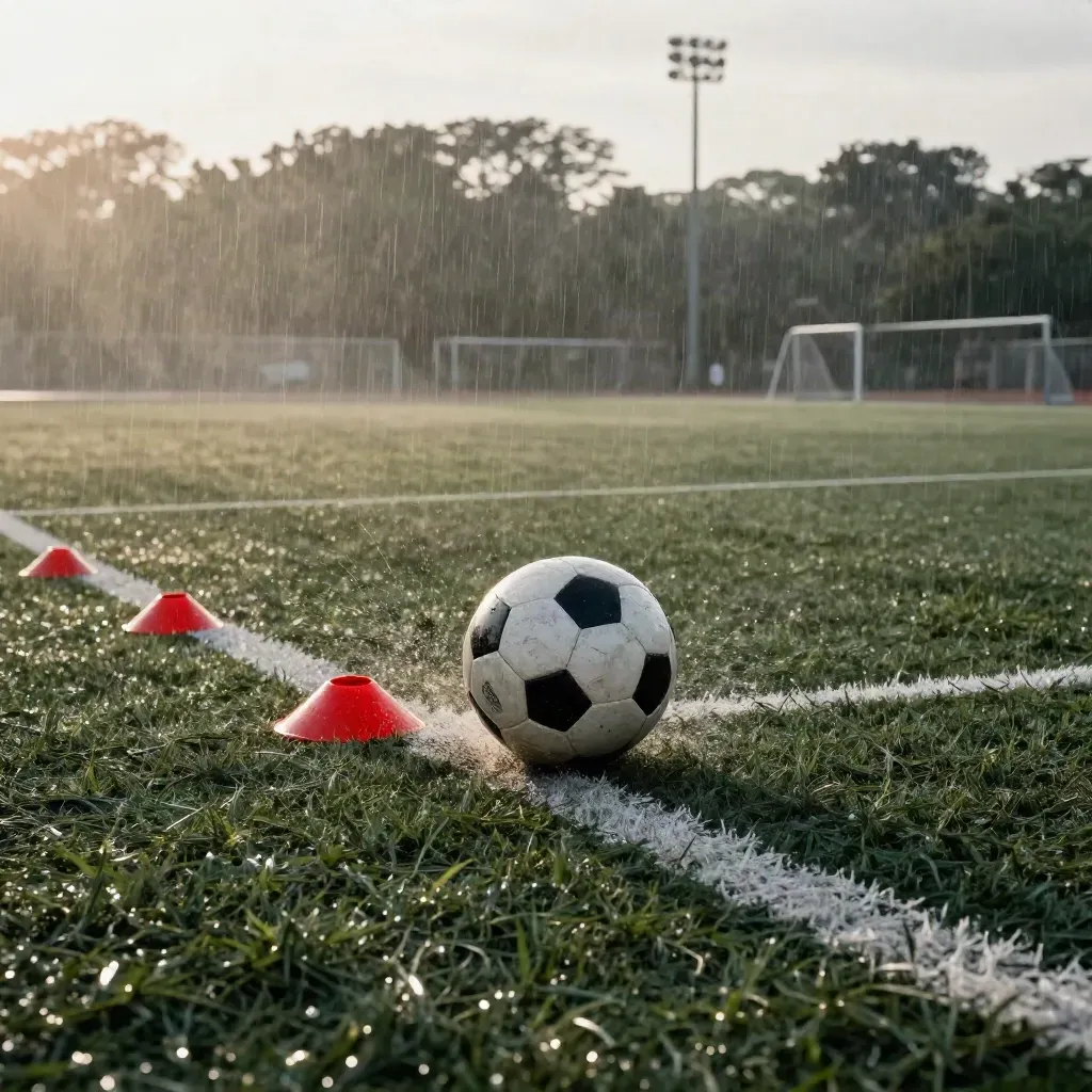 Rainy soccer ball skids by red cones on a lit field with mist and turf spray.