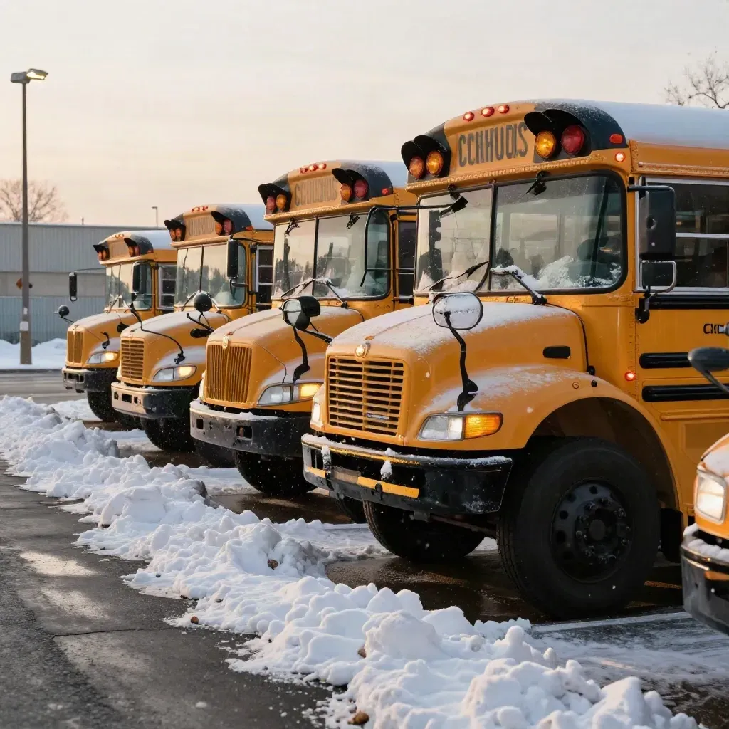 Snowy yellow school buses idling at a depot, lights glowing as fresh snow falls.