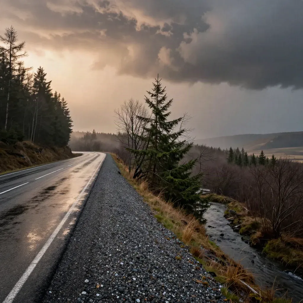 Wet roadside trees bent in a storm front beneath a dark pre-dawn cloud shelf