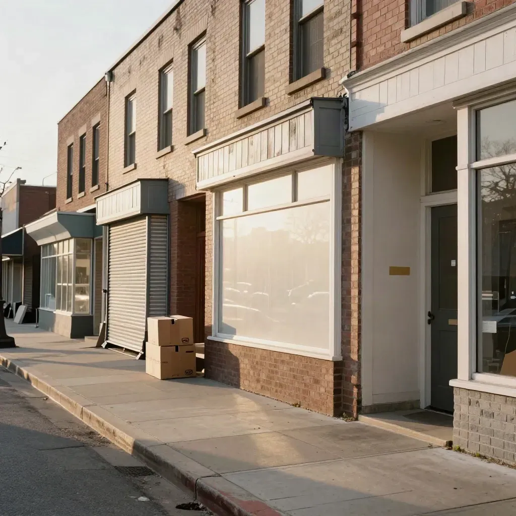 Storefronts with a lit window, shuttered bay, and delivery crates in warm afternoon haze.