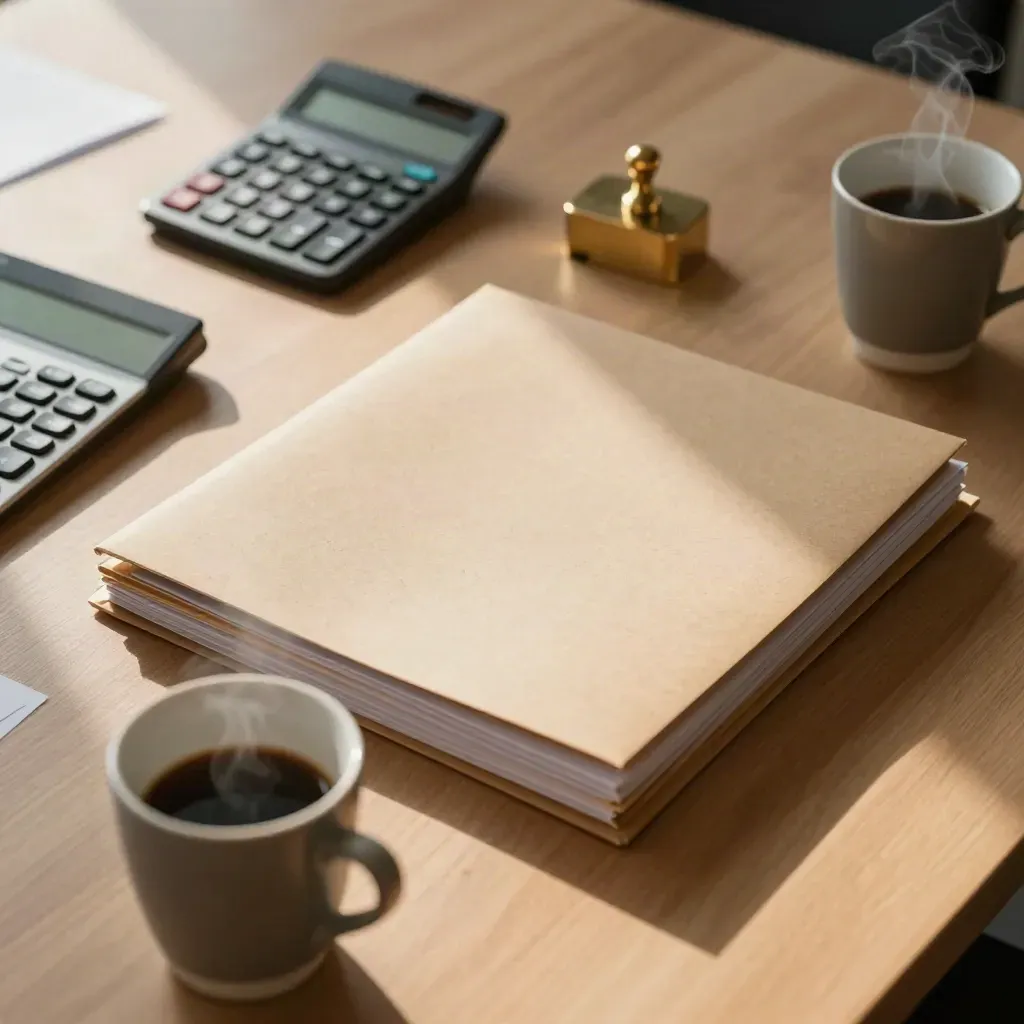 Overhead city hall budget folders, calculator, coffee cups and brass seal on a boardroom table