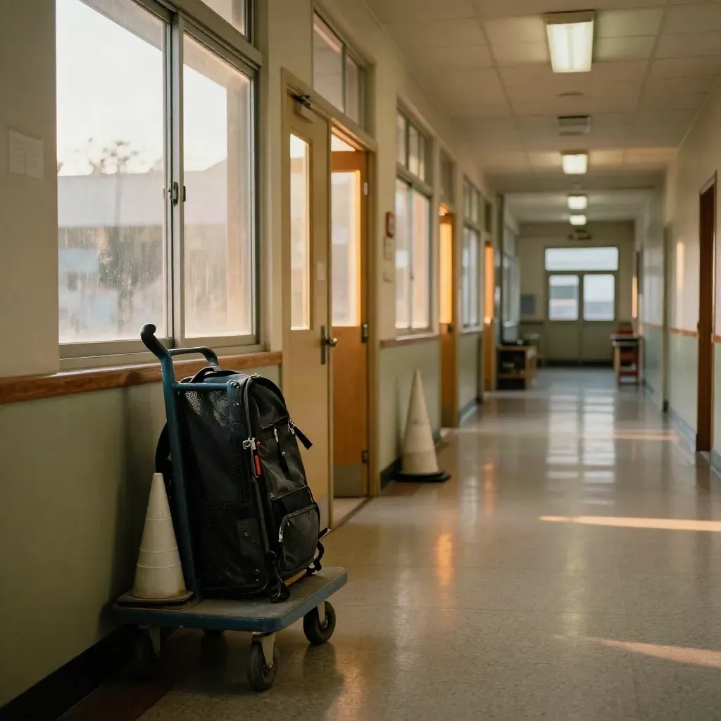 Empty school hallway with backpack cart, folded cones, and glowing classroom doors at dismissal.