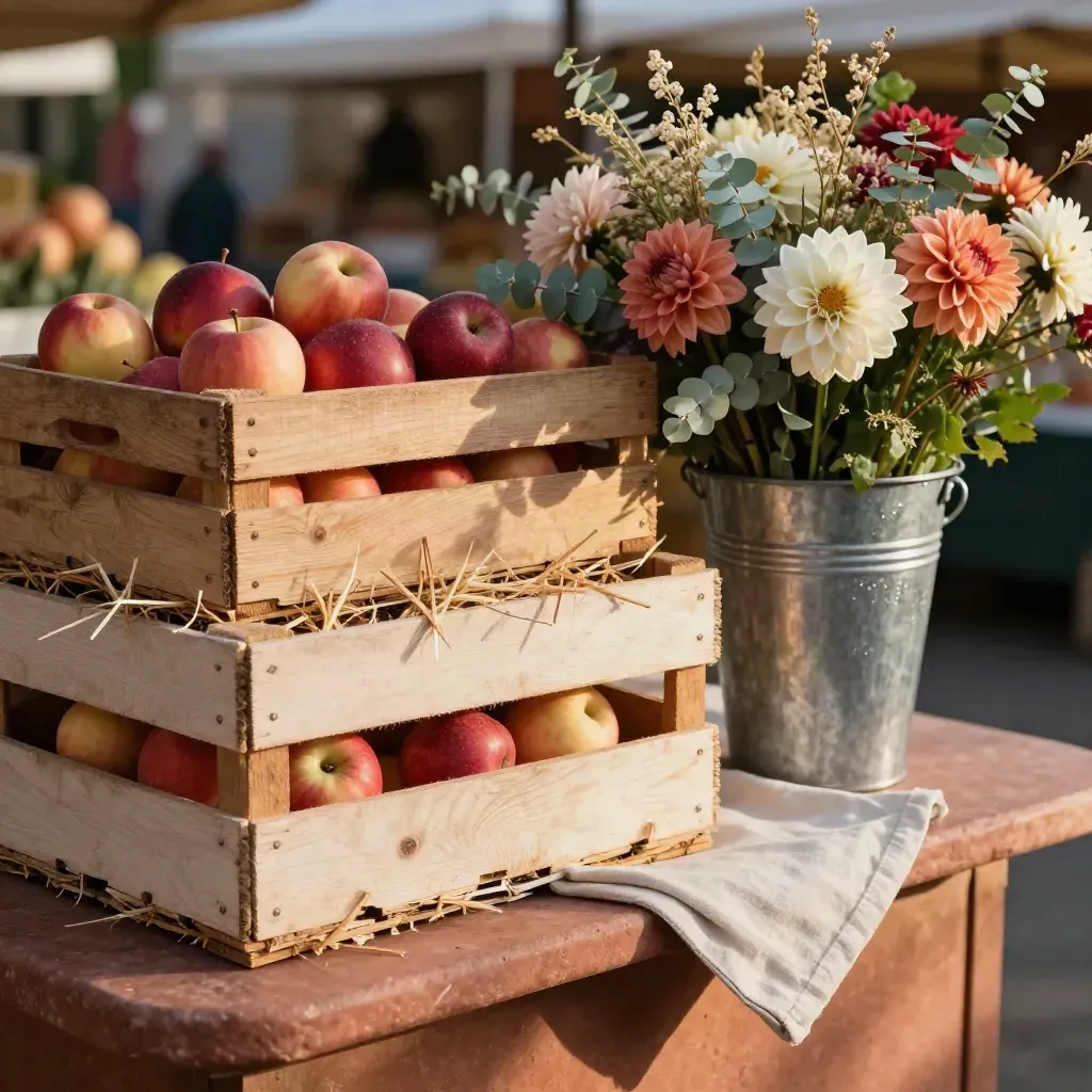 Apple crates and a bouquet on a farmers' market stall in soft morning light