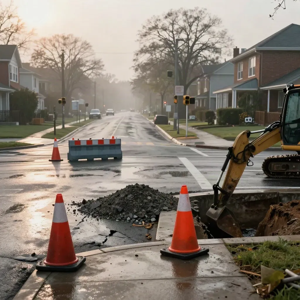 Barricaded suburban intersection with cones, detour barrier, fresh gravel, and an excavator arm in light drizzle.