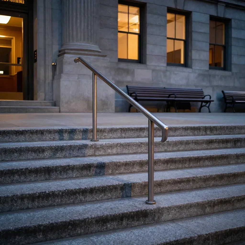 City hall steps at dusk with glowing windows, handrail, benches, and a closed bike rack.