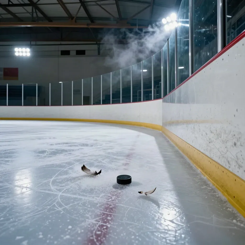 Empty hockey rink glowing under floodlights, steam rising over fresh skate shavings and puck marks.