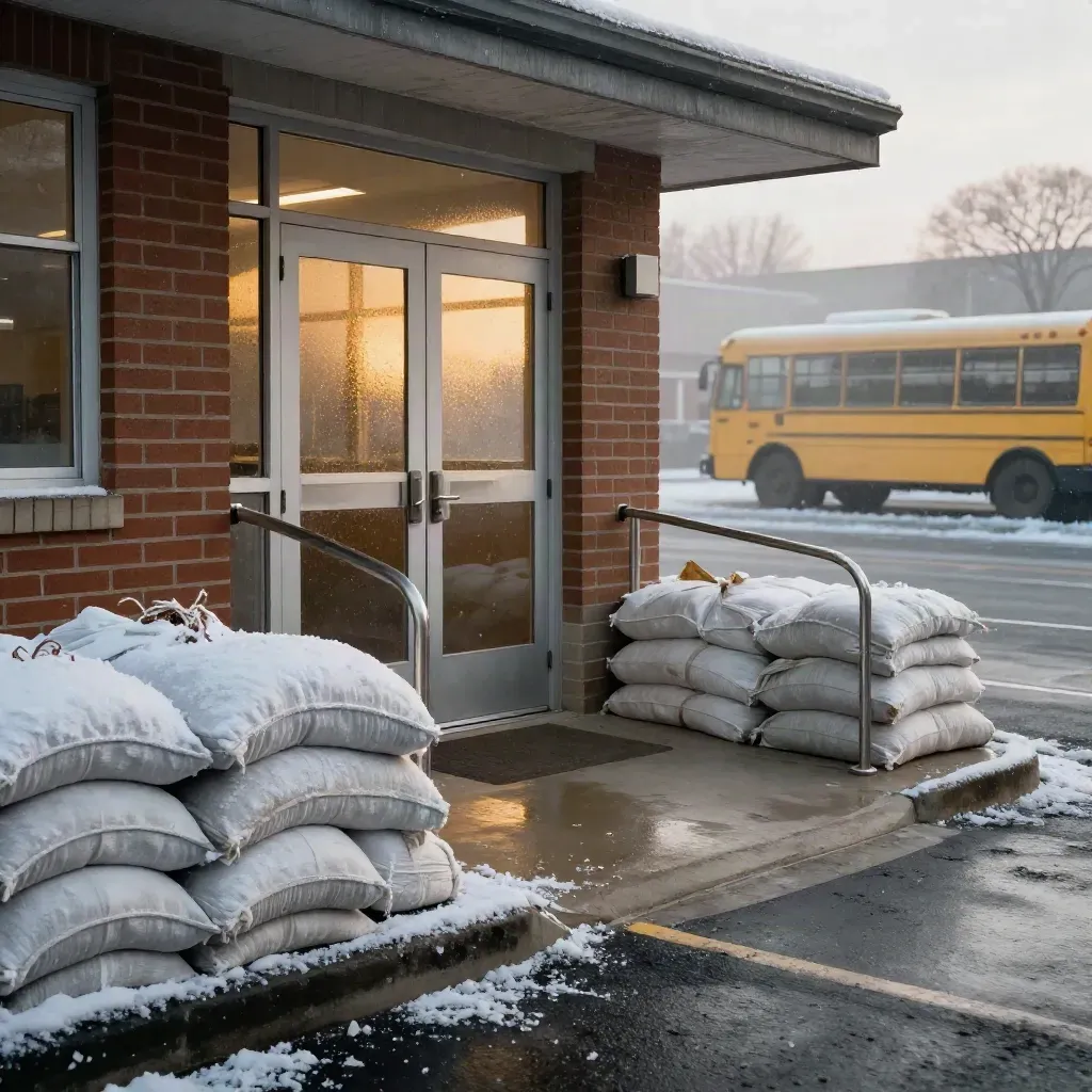 Snowy school entrance with sandbags, glowing windows, and a bus beyond the curb