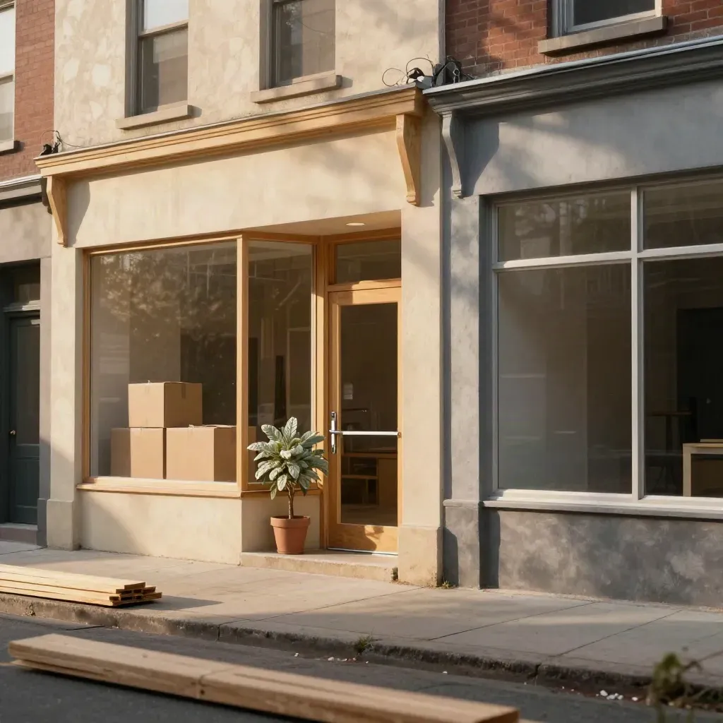 Two storefronts in renovation, stacked boxes, potted plant, warm late-day light