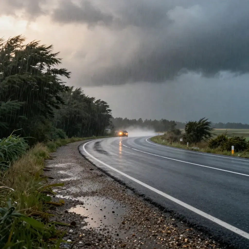 Storm-lashed roadside with flashing hazard lights and bent trees in heavy wind
