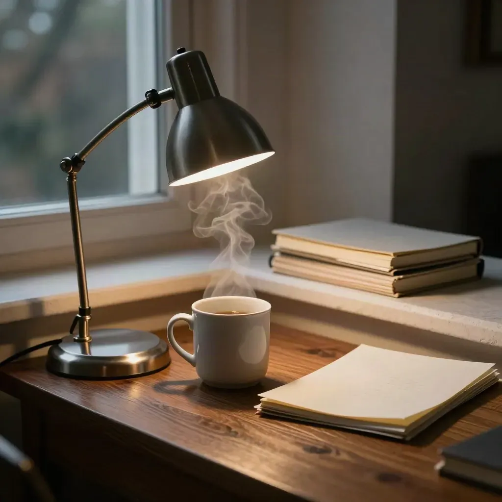 Steam rises beside a lamp, mug, notebook, and folded paper on a cozy editorial ledge.