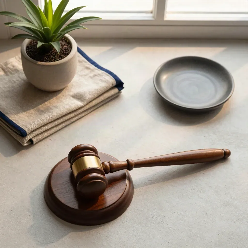Overhead flatlay of a council gavel with plant, linen cloth, and ceramic dish on concrete.