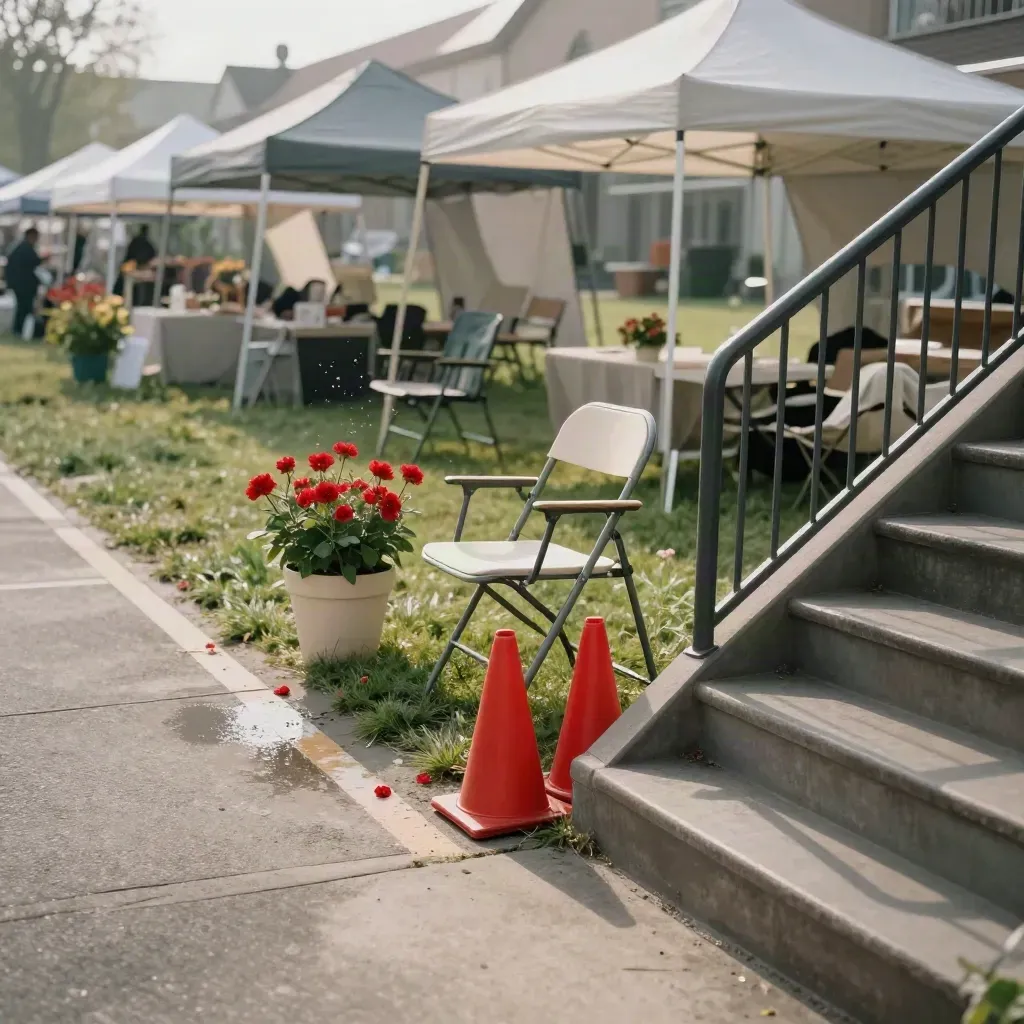 Fairground chairs, tents, flowers, and sports cones settling in a breeze
