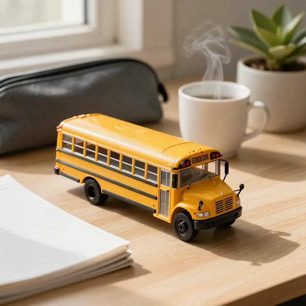 Yellow school bus model with pencil case, plant, and steaming cup on a pale wood desk.