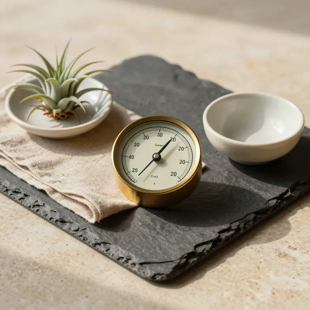 Barometer on slate tray with linen, air plant, and ceramic bowl on limestone.