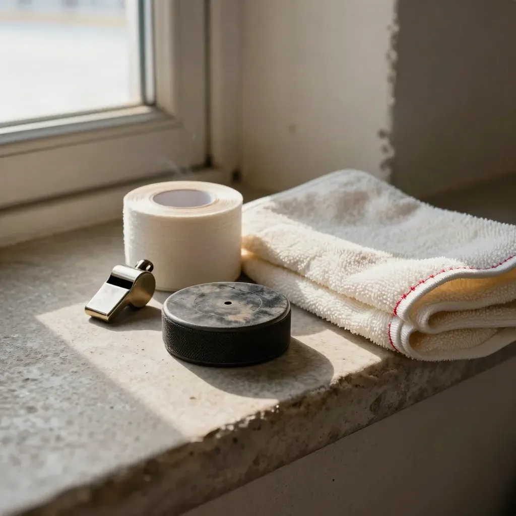 Hockey puck, tape, whistle, and towel arranged on pale stone in soft rink light.