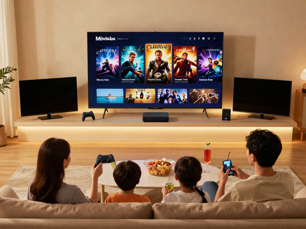 Family enjoying a movie night using the MovieBox app on TV in a cozy living room.