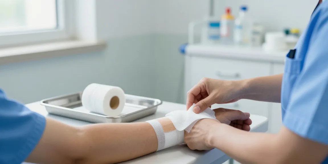 Applying gauze bandages on a patient's arm in a clinical healthcare setting, demonstrating effective wound care.