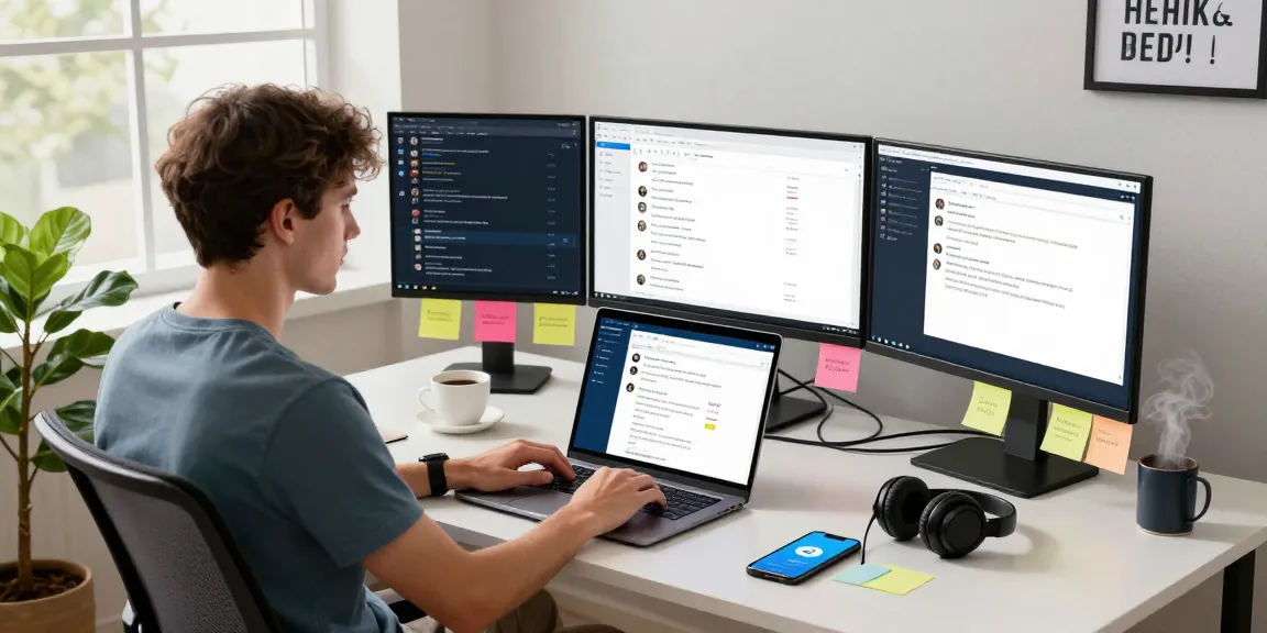 Person utilizing Telegram Web Version on laptop in modern workspace with multiple monitors and natural lighting.