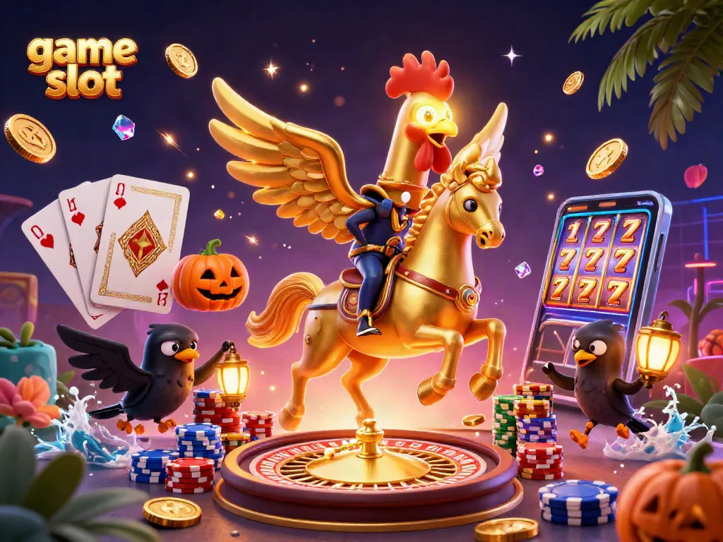 Spin the game slot with a vibrant 3D scene featuring a golden rooster and illuminated lanterns.