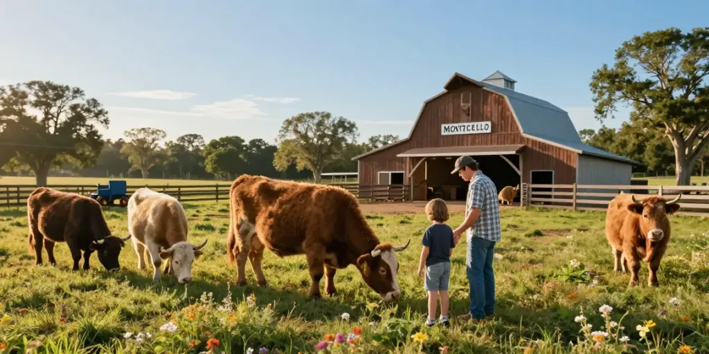 Mini cows for sale in Florida at a picturesque farm with Highland cattle grazing peacefully.