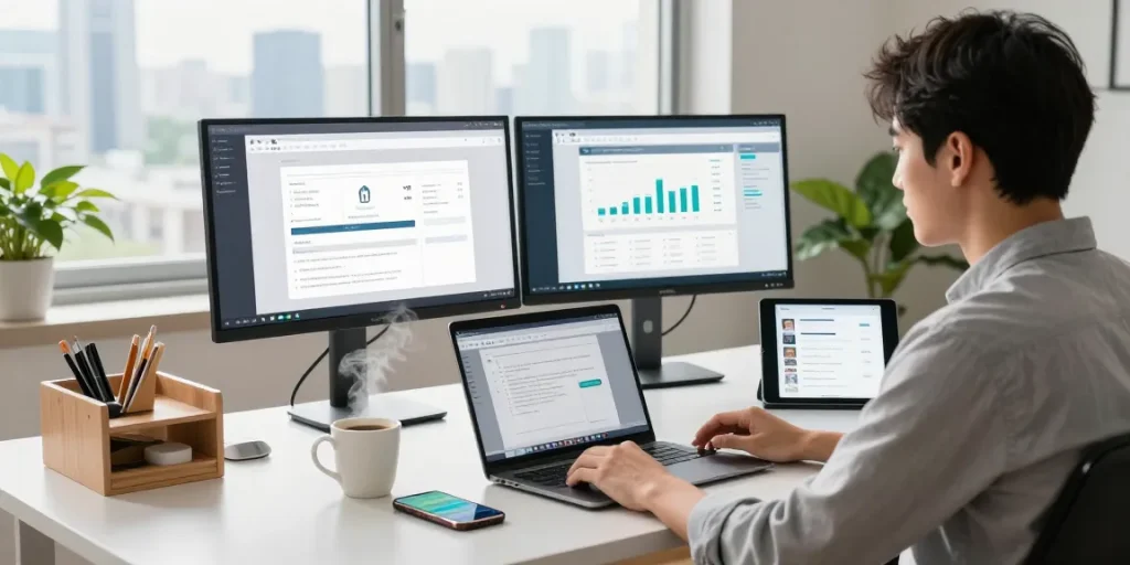 Engaged professional in a modern home office exploring WPS Download on dual monitors with vibrant city view.