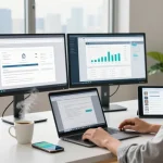 Engaged professional in a modern home office exploring WPS Download on dual monitors with vibrant city view.