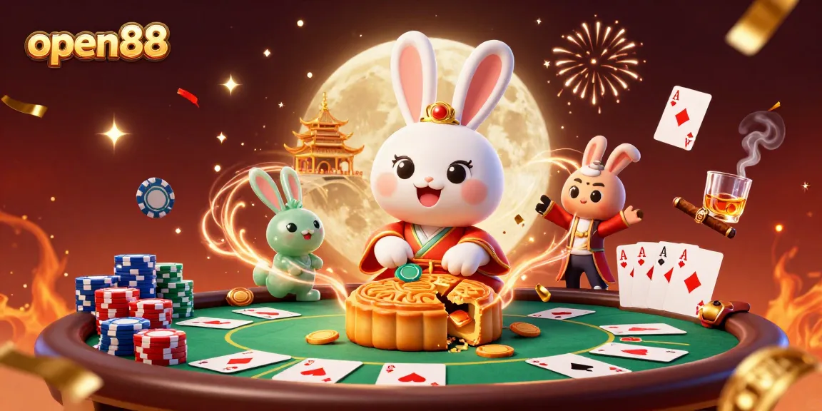 Experience the vibrant world of open88 with dynamic poker elements and a magical moon rabbit scene.